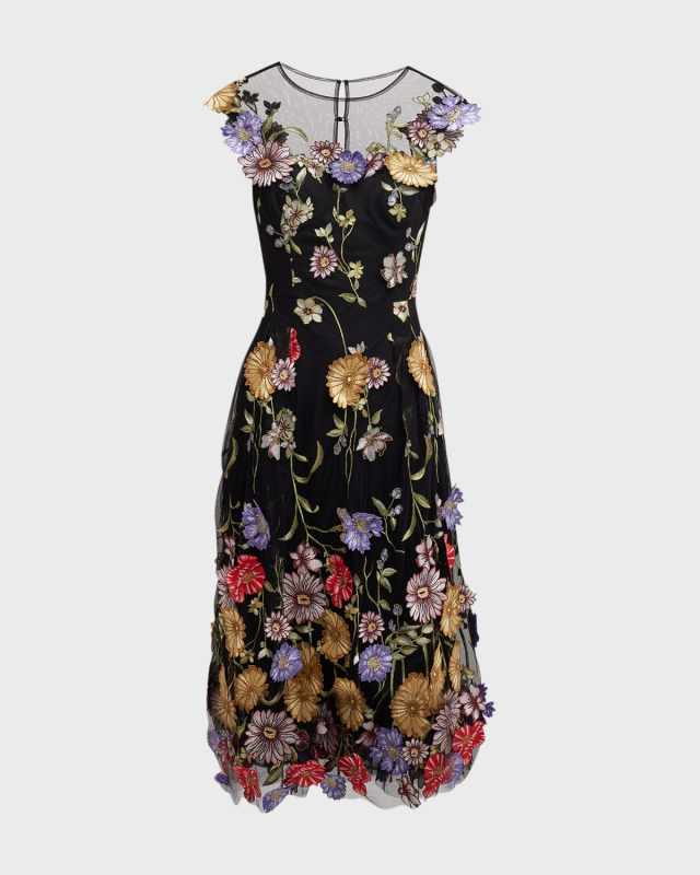 Sleeveless Floral Applique Midi Dress